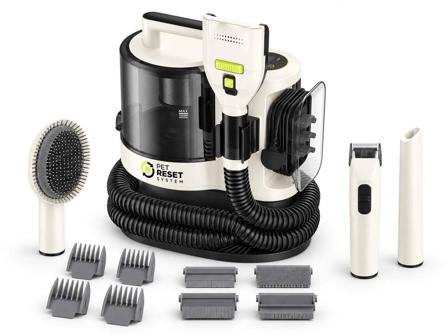 Pet Reset System con cepillo, cortapelos, boquilla estrecha, cuatro peines guía y cuatro insertos de cuidado