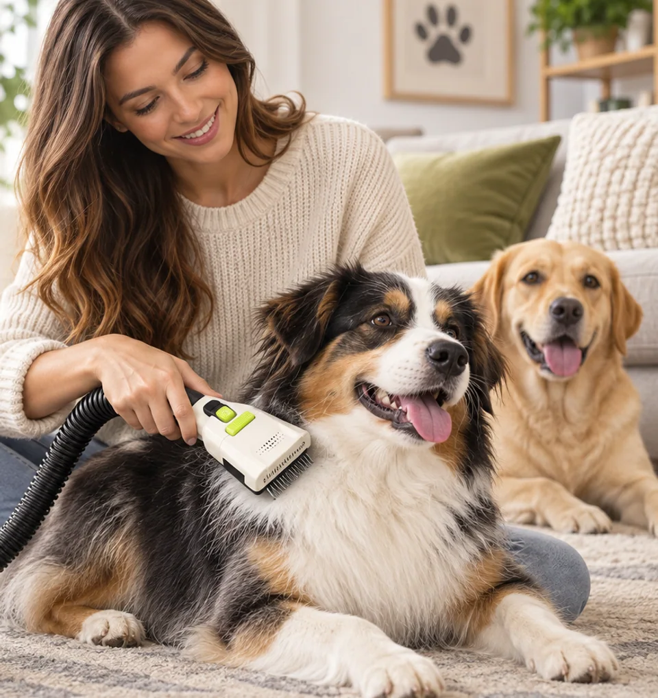 Owner grooming a dog with Pet Reset while a second dog relaxes nearby