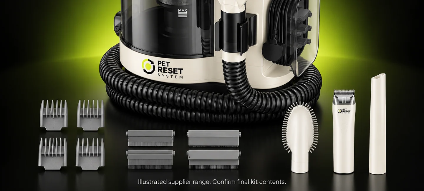 Pet Reset machine with grooming, clipping and cleanup tool concepts